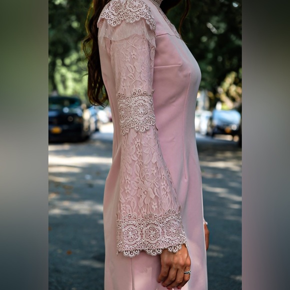 Light Pink Long Sleeve Midi Cocktail Dress with Lace Detail - Picture 3 of 9
